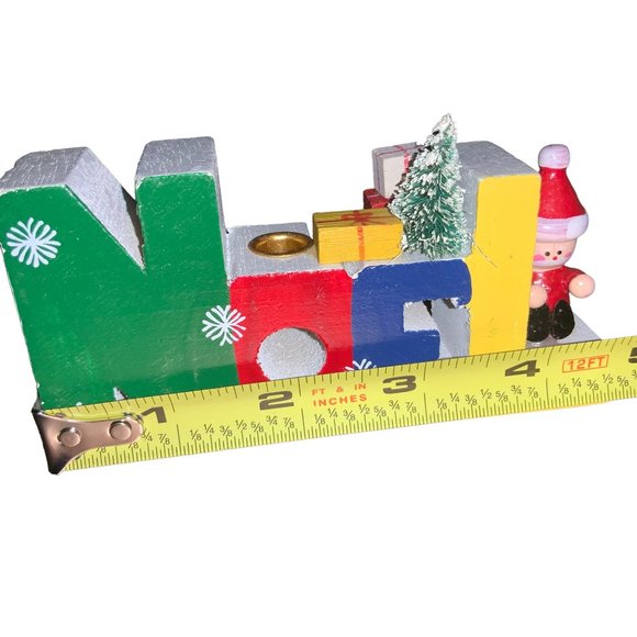 VINTAGE WOOD NOEL CANDLE HOLDER WITH BOTTLEBRUSH TREE SANTA decor - Picture 10 of 10